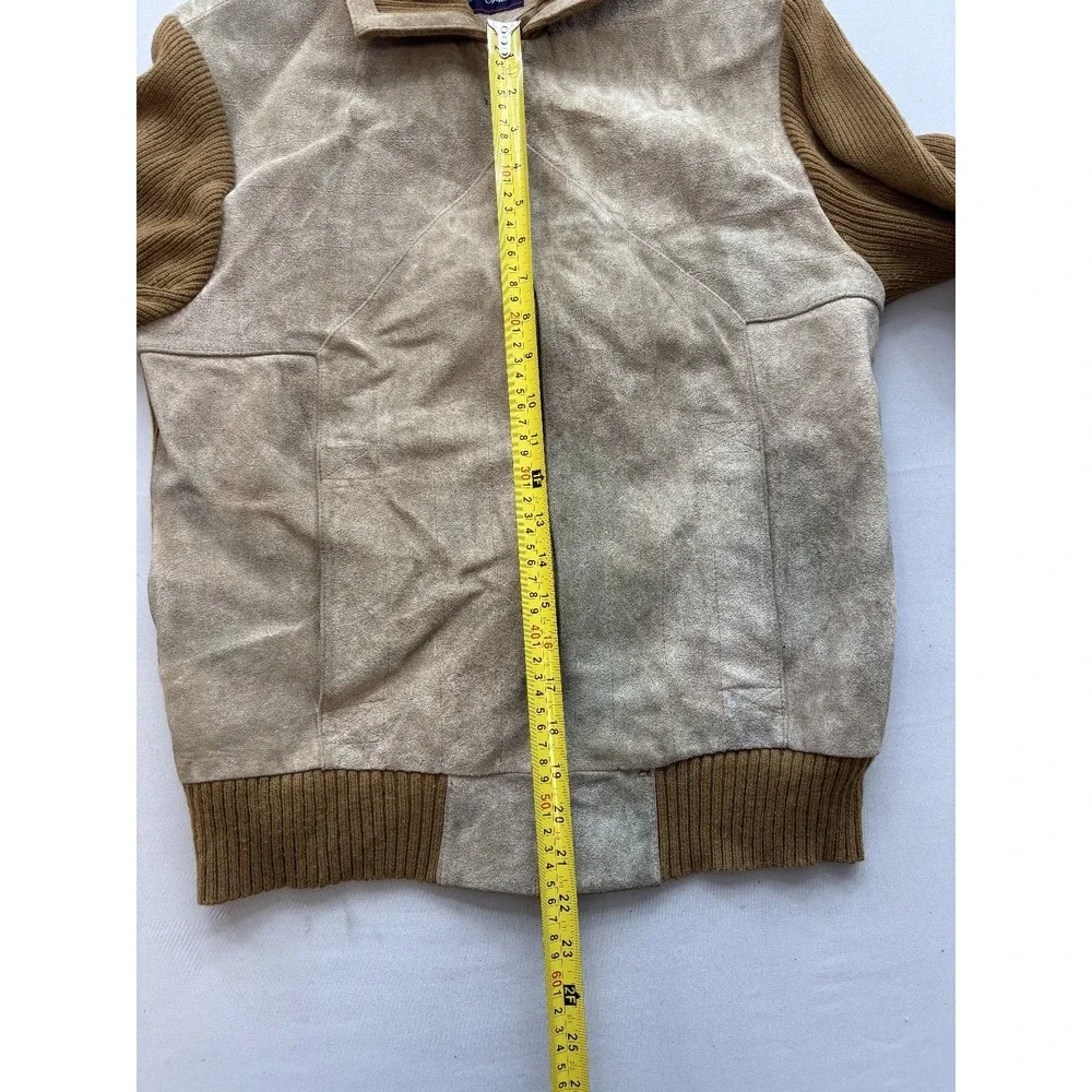 Vintage Old Spice Mens Beige Suede Leather Brown Knit Bomber Jacket Size L